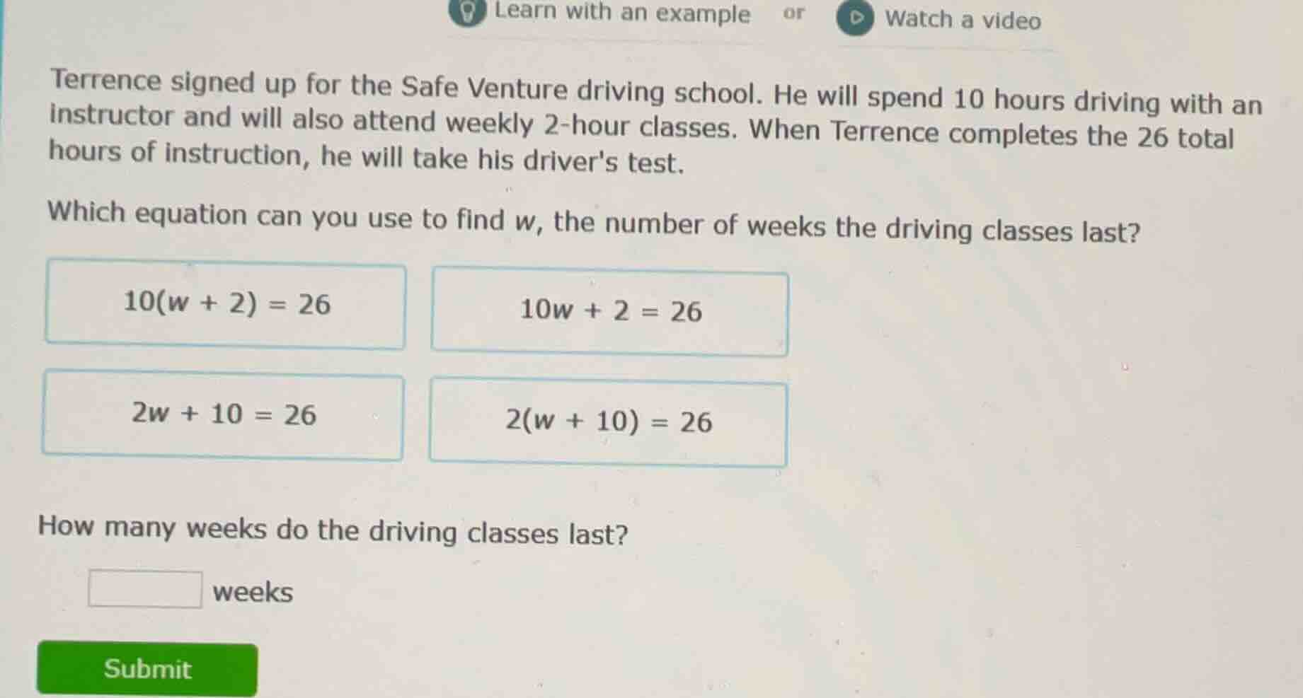 terrence signed up for the safe venture driving school. he will spend 1…