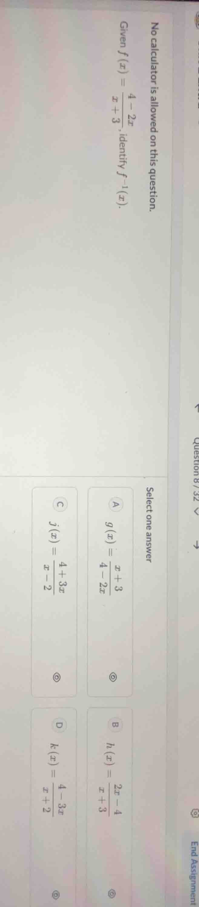 no calculator is allowed on this question. given ( f(x) = \frac{4 - 2x}…
