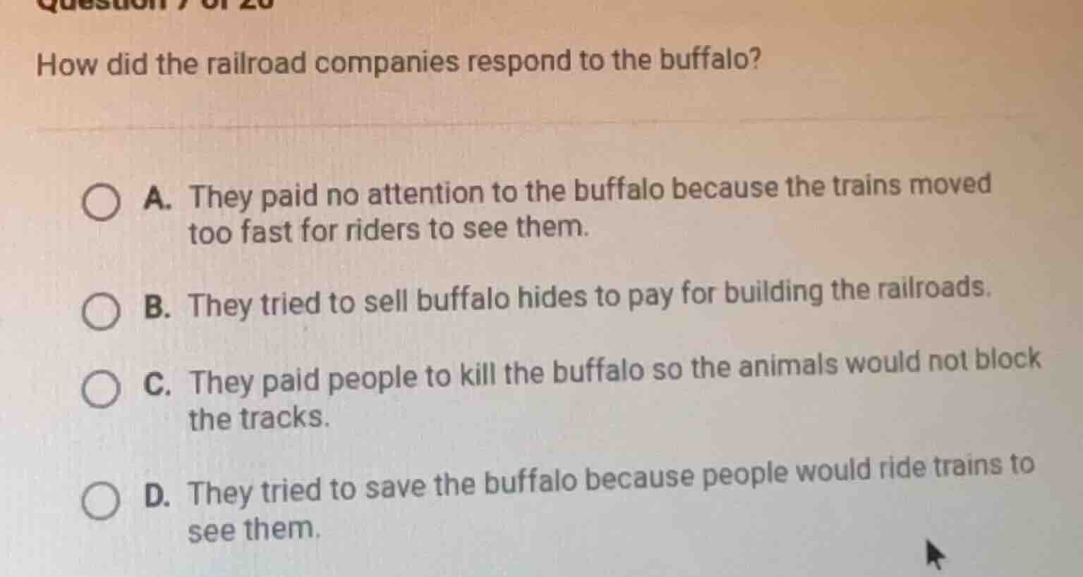question 7 of 20 how did the railroad companies respond to the buffalo?…