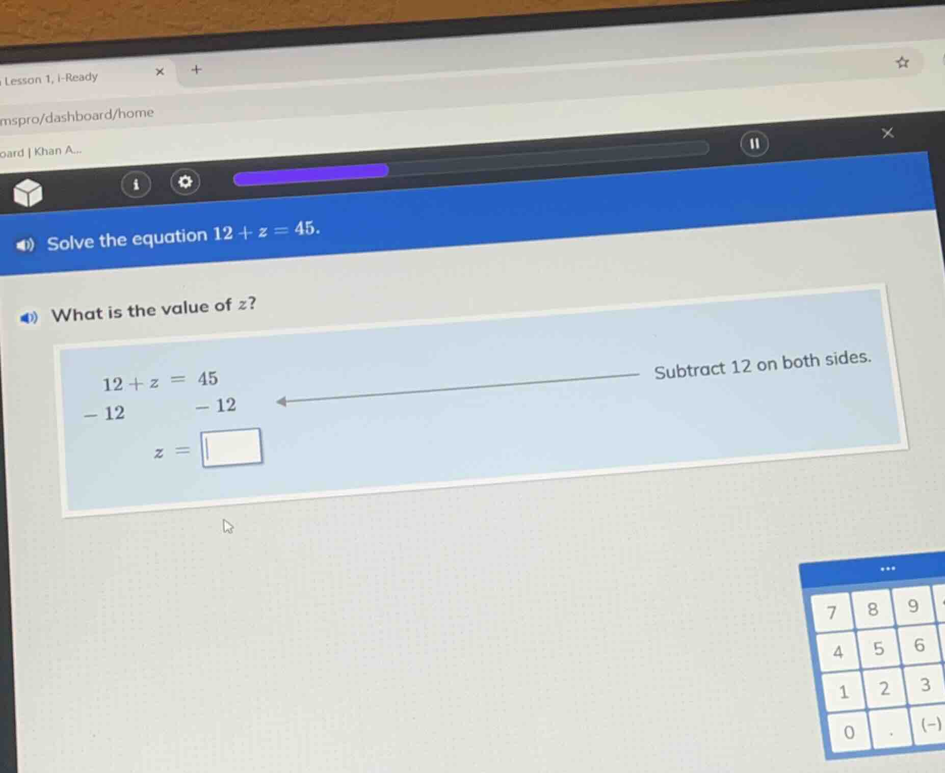 solve the equation $12 + z = 45$. what is the value of $z$? $\\begin{al…