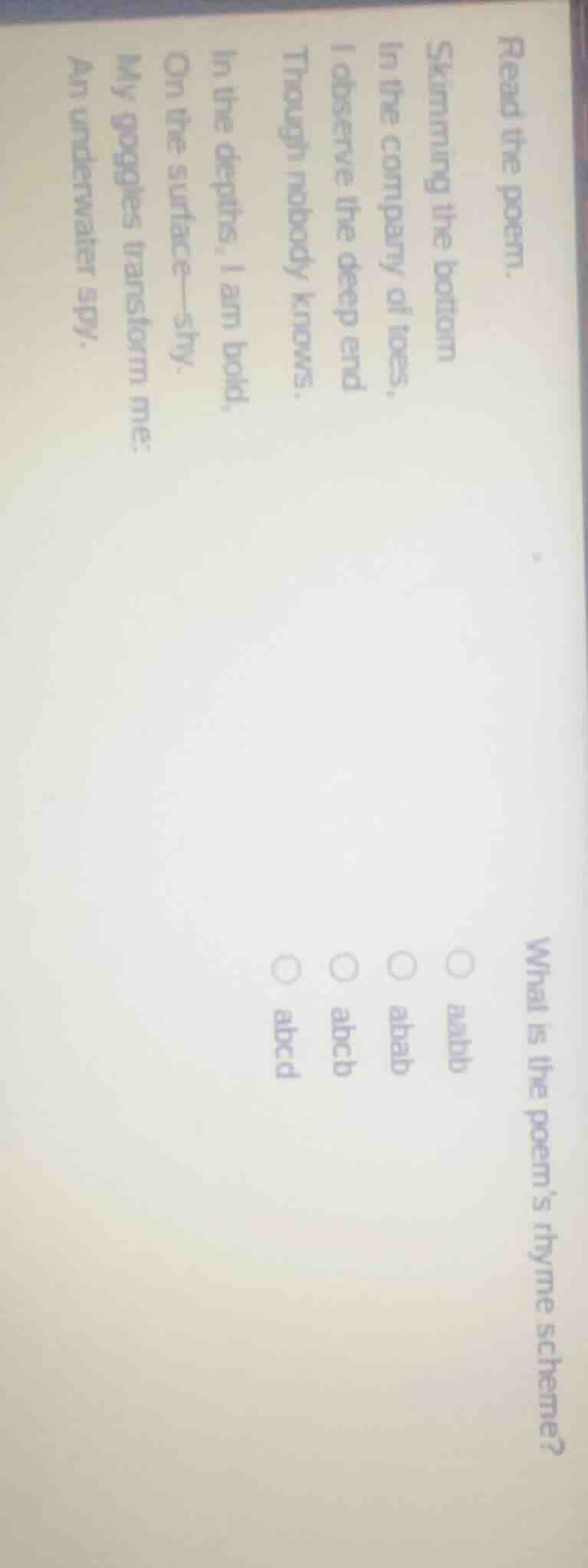 read the poem. skimming the bottom in the company of toes, i observe th…