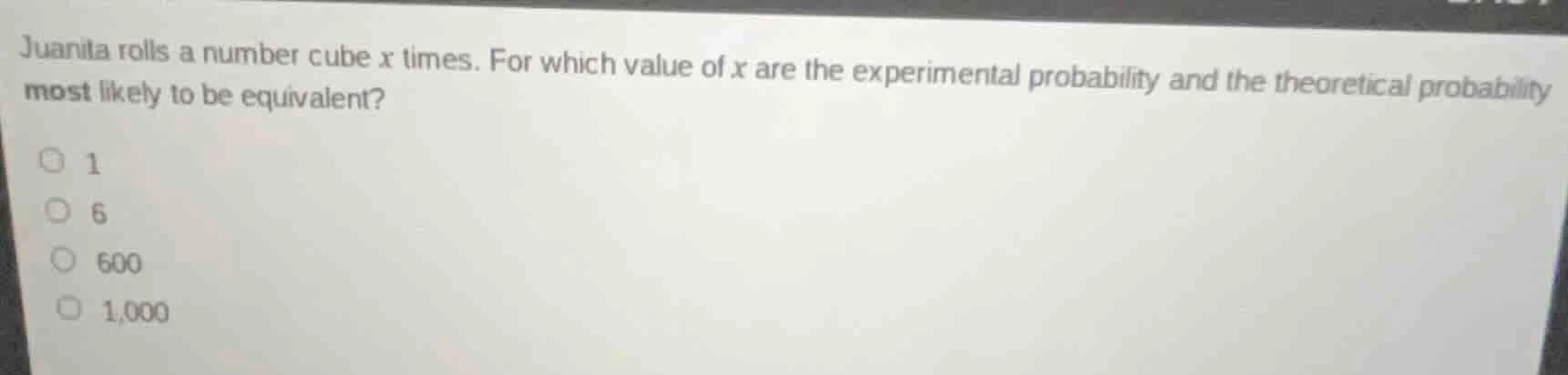 juanita rolls a number cube x times. for which value of x are the exper…
