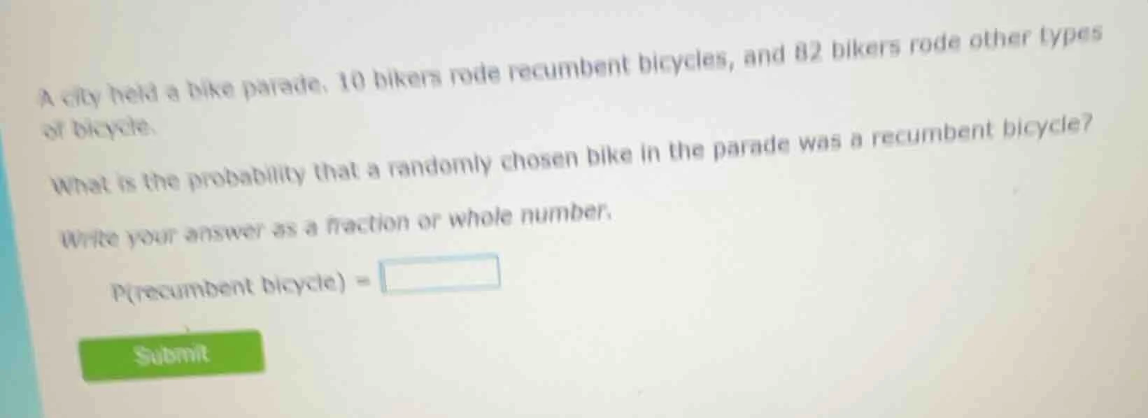 a city held a bike parade. 10 bikers rode recumbent bicycles, and 82 bi…