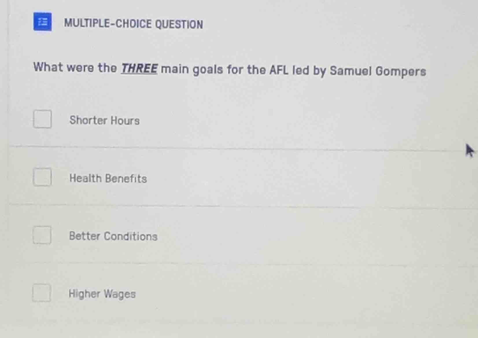 multiple-choice question what were the three main goals for the afl led…