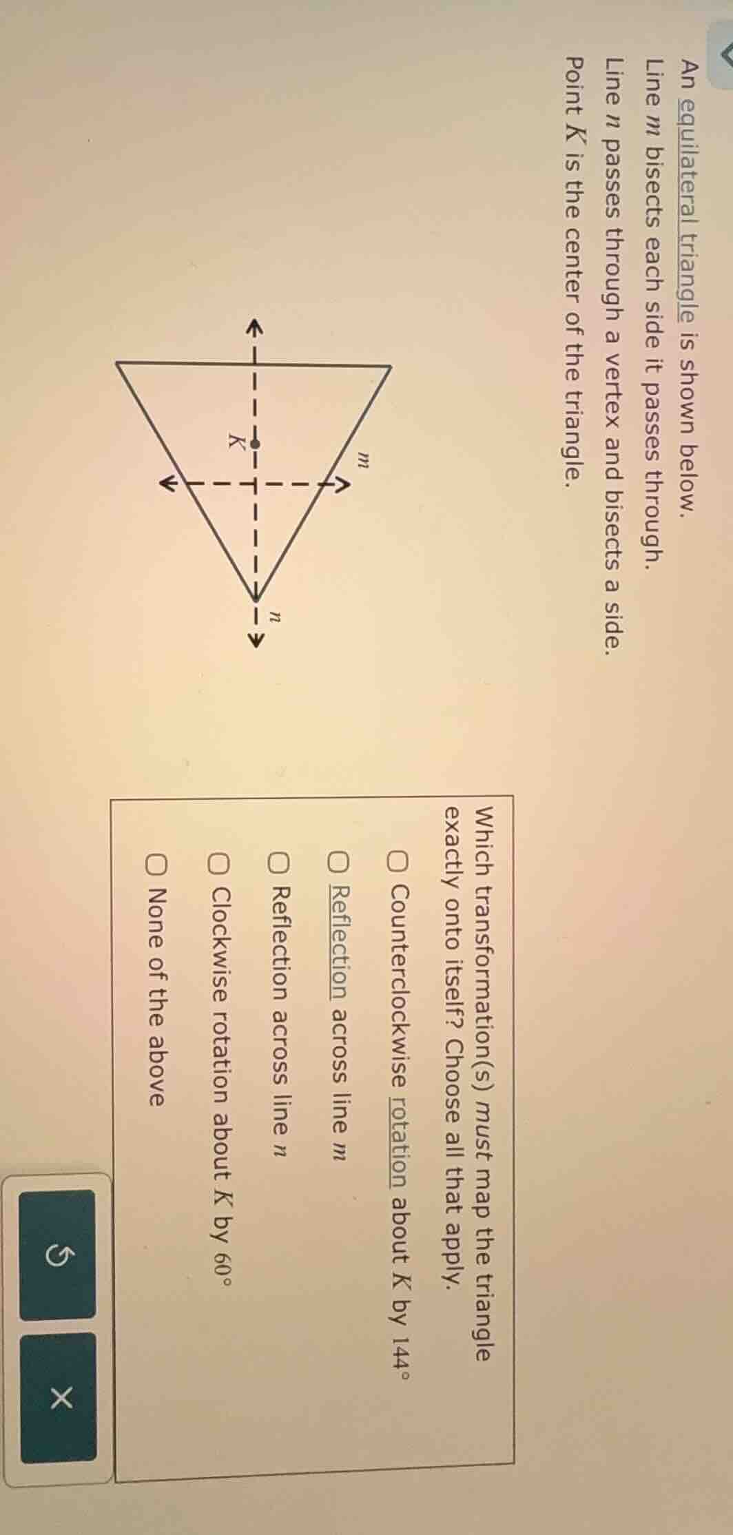 an equilateral triangle is shown below. line ( m ) bisects each side it…