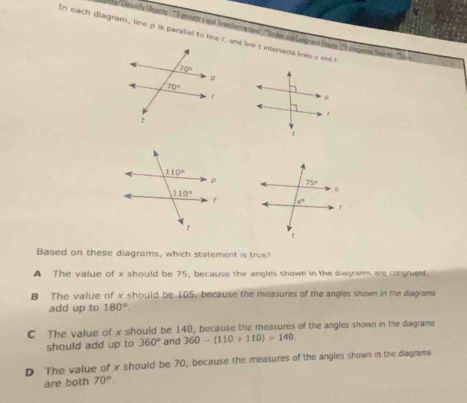 in each diagram, line p is parallel to line f, and line t intersects li…