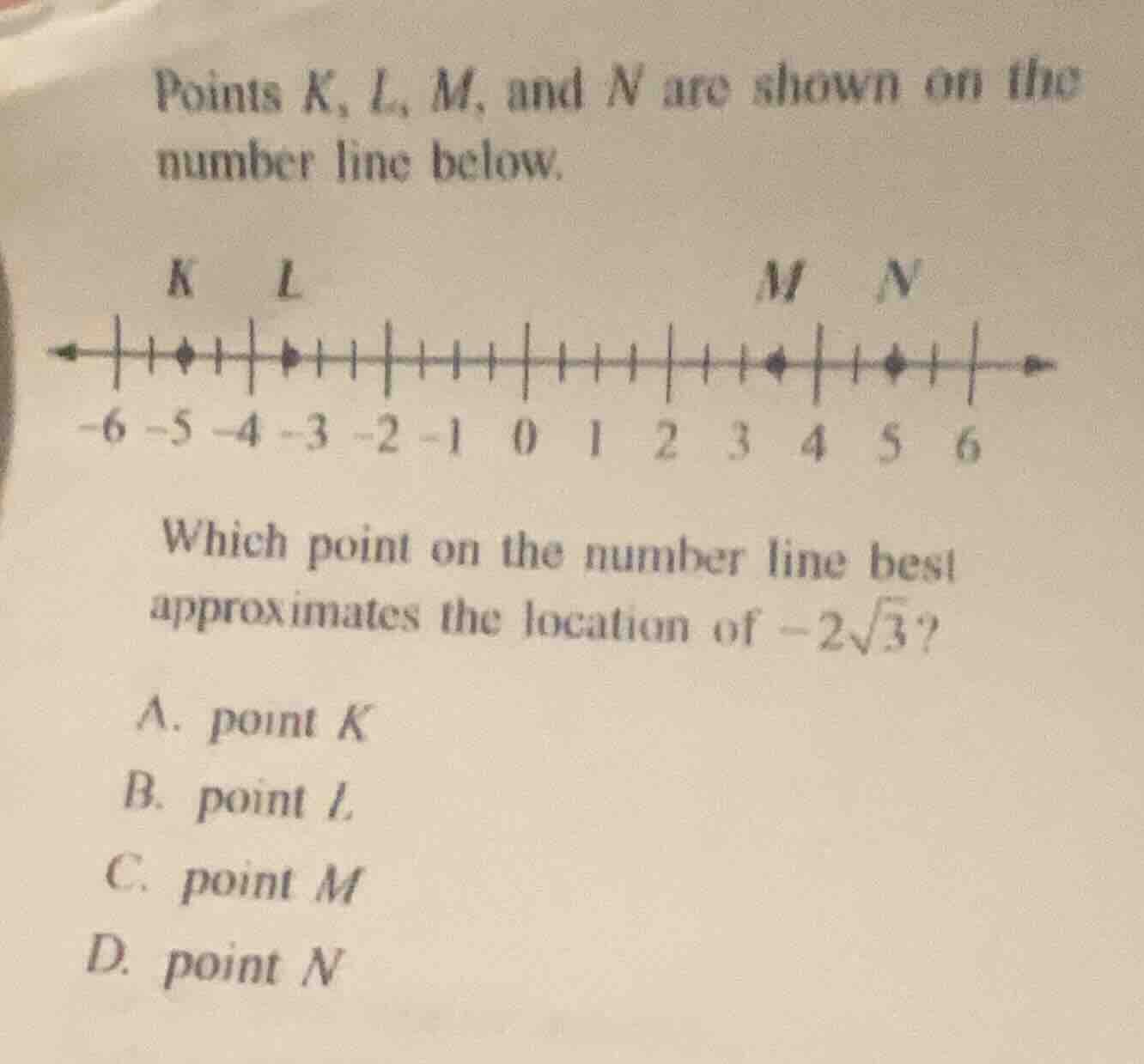 points k, l, m, and n are shown on the number line below. number line i…