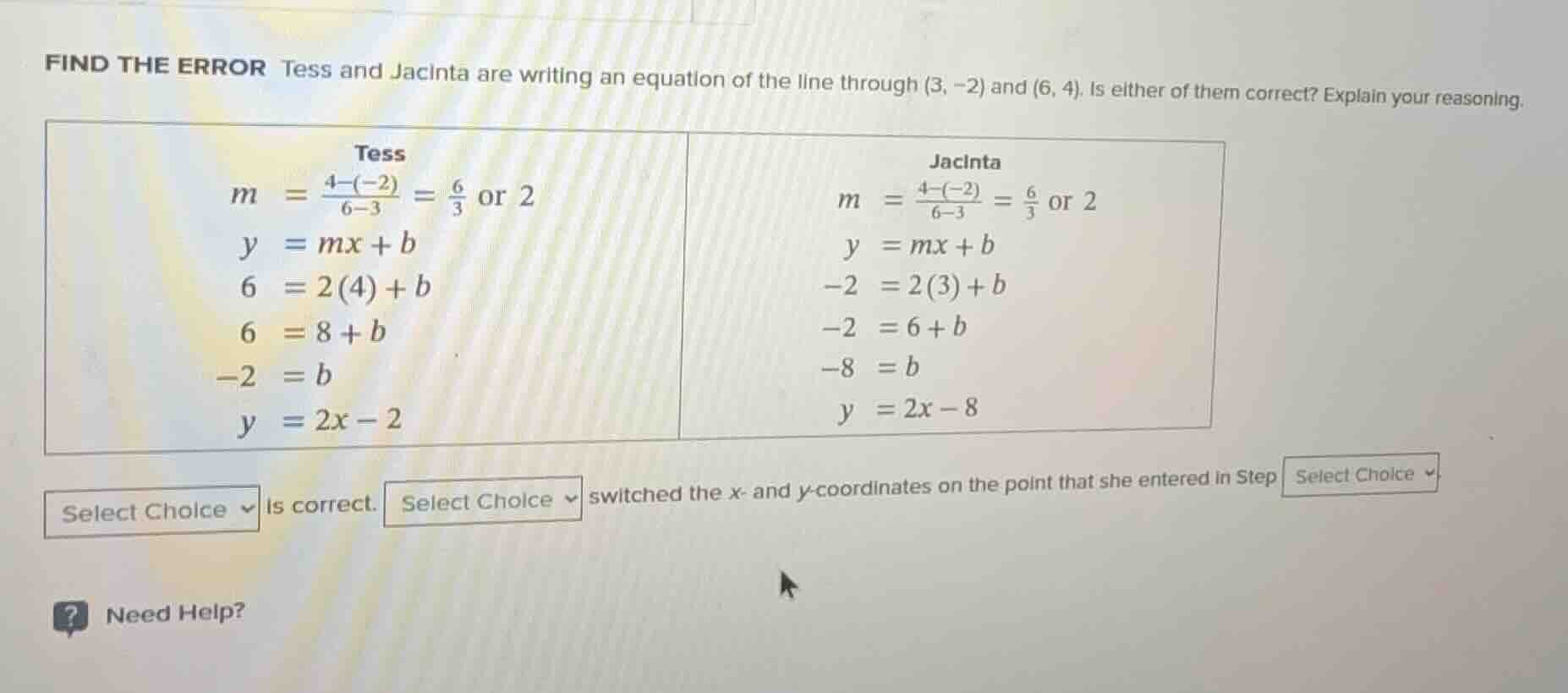 find the error tess and jacinta are writing an equation of the line thr…