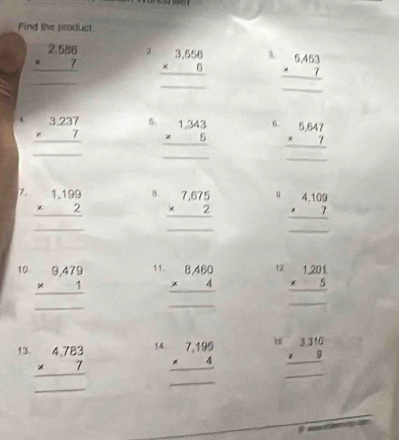 find the product 1. \\begin{array}{r} 2,588 \\\\ \\times \\ \\ \\ \\ 7 …