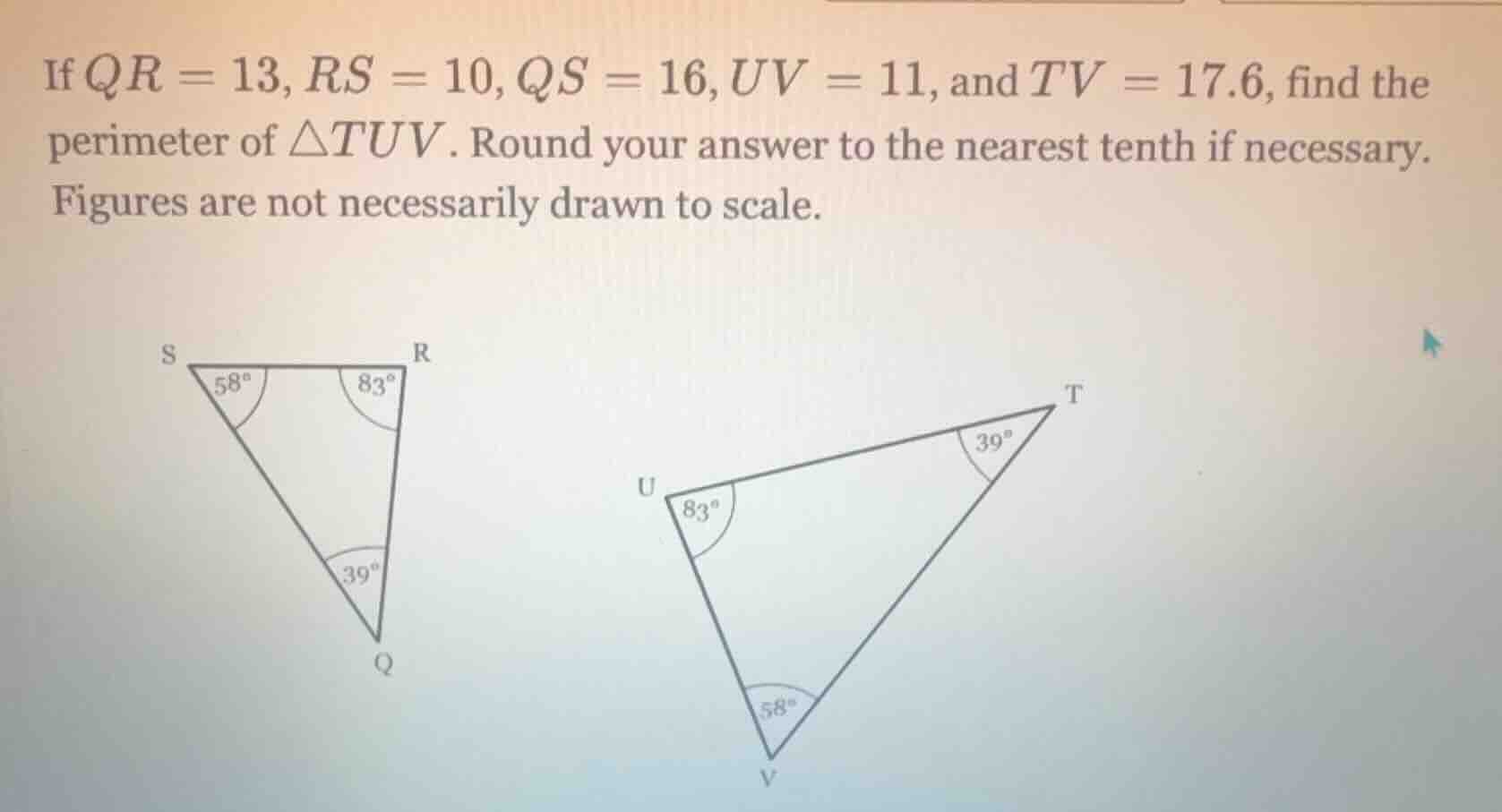 if $qr = 13$, $rs = 10$, $qs = 16$, $uv = 11$, and $tv = 17.6$, find th…