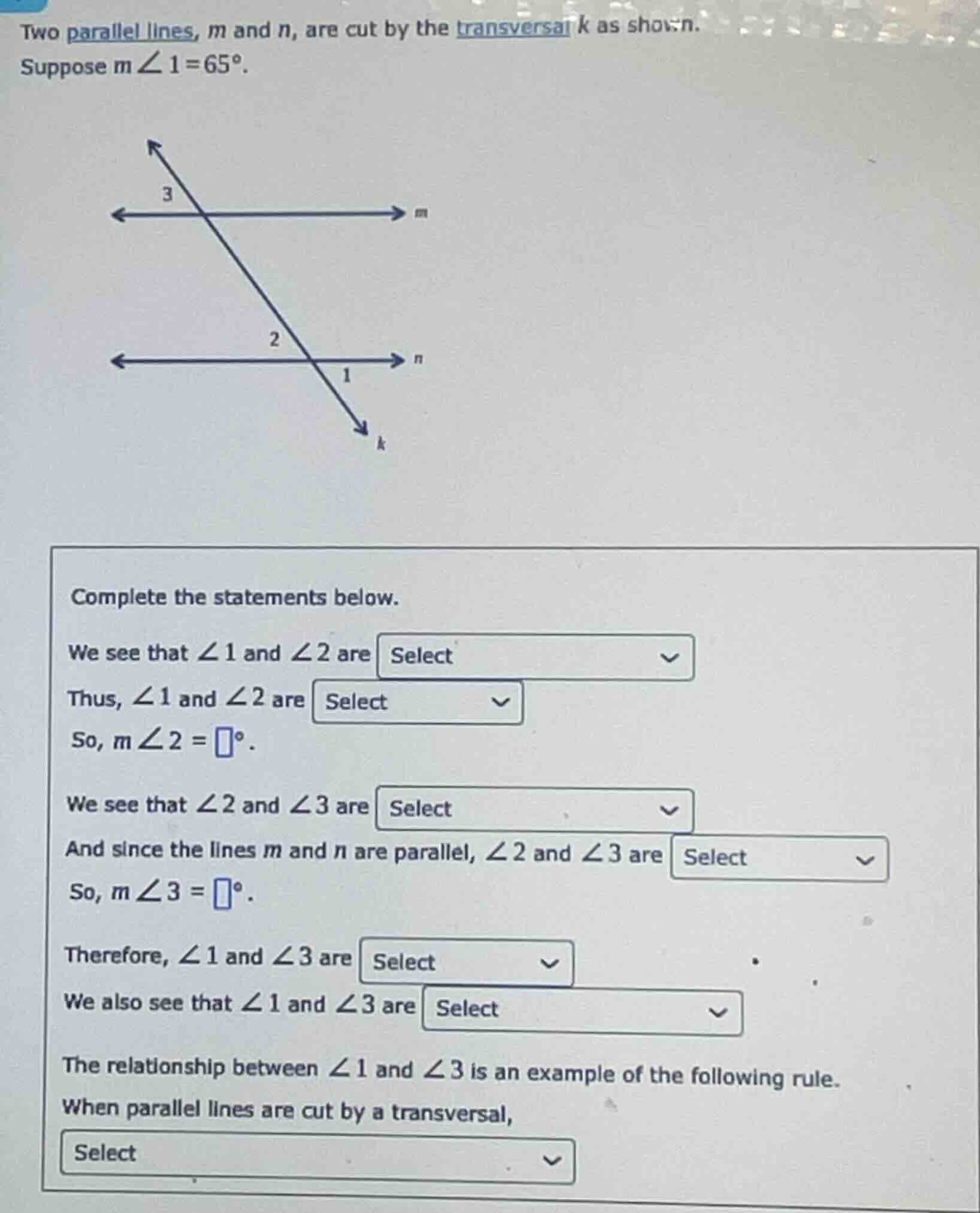 two parallel lines, m and n, are cut by the transversal k as shown. sup…