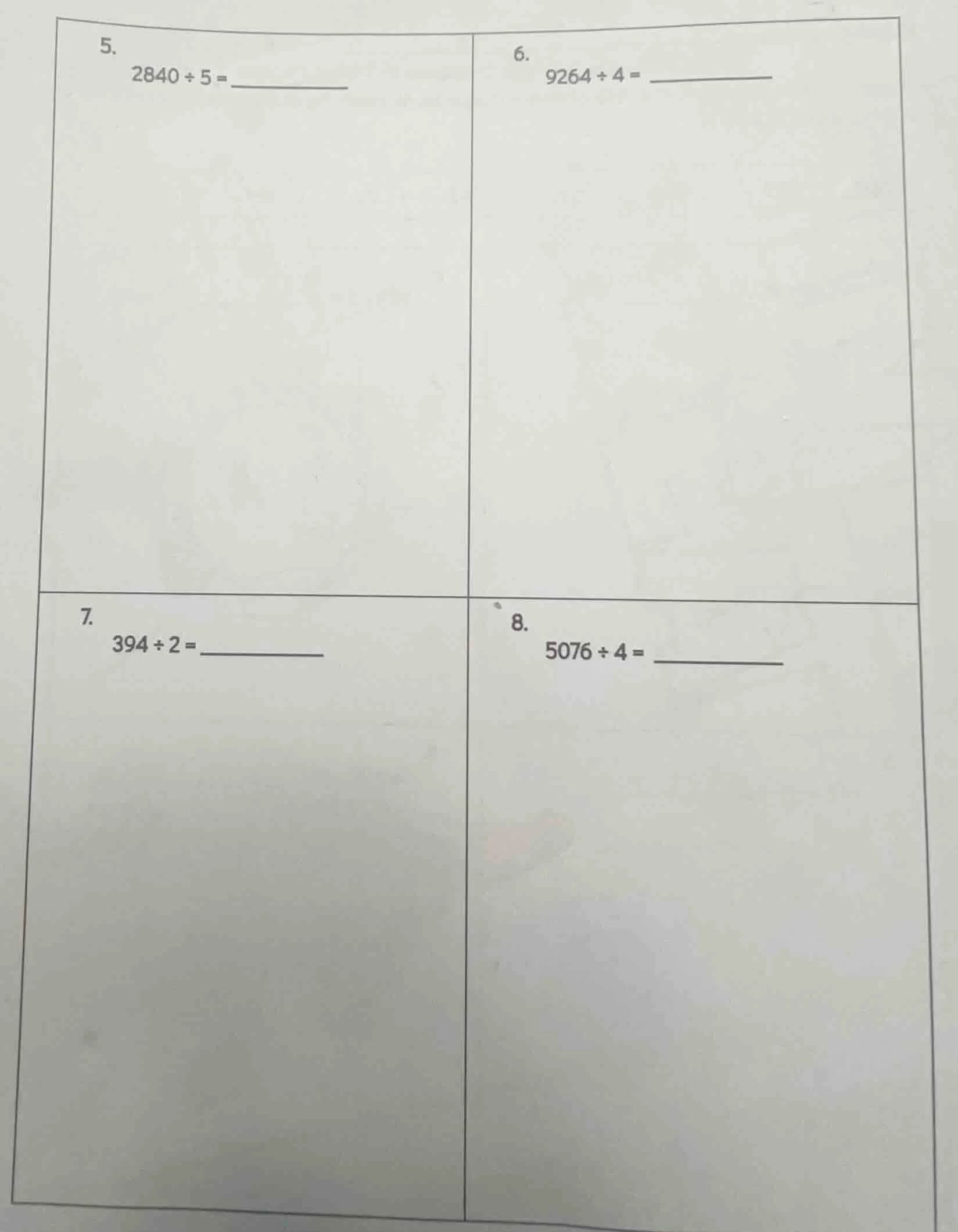5. 2840÷5=______ 6. 9264÷4=______ 7. 394÷2=______ 8. 5076÷4=______