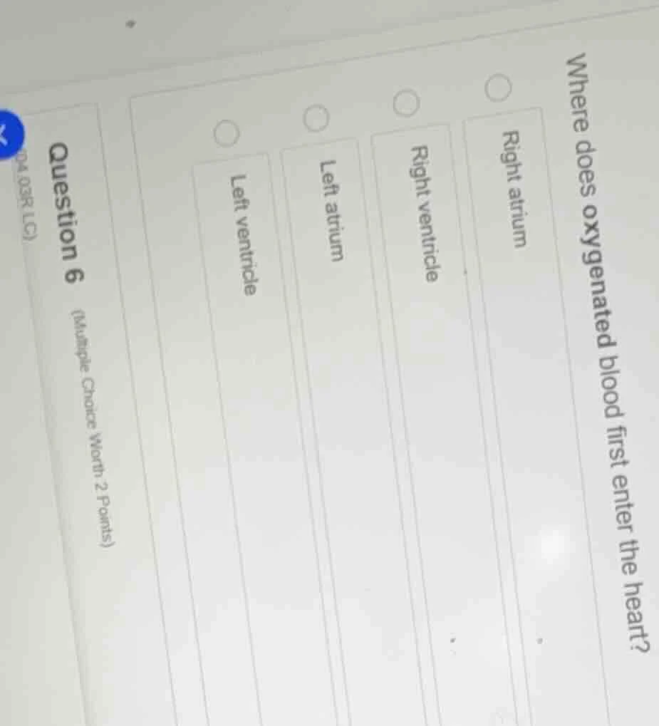 question 6 (multiple choice worth 2 points) where does oxygenated blood…