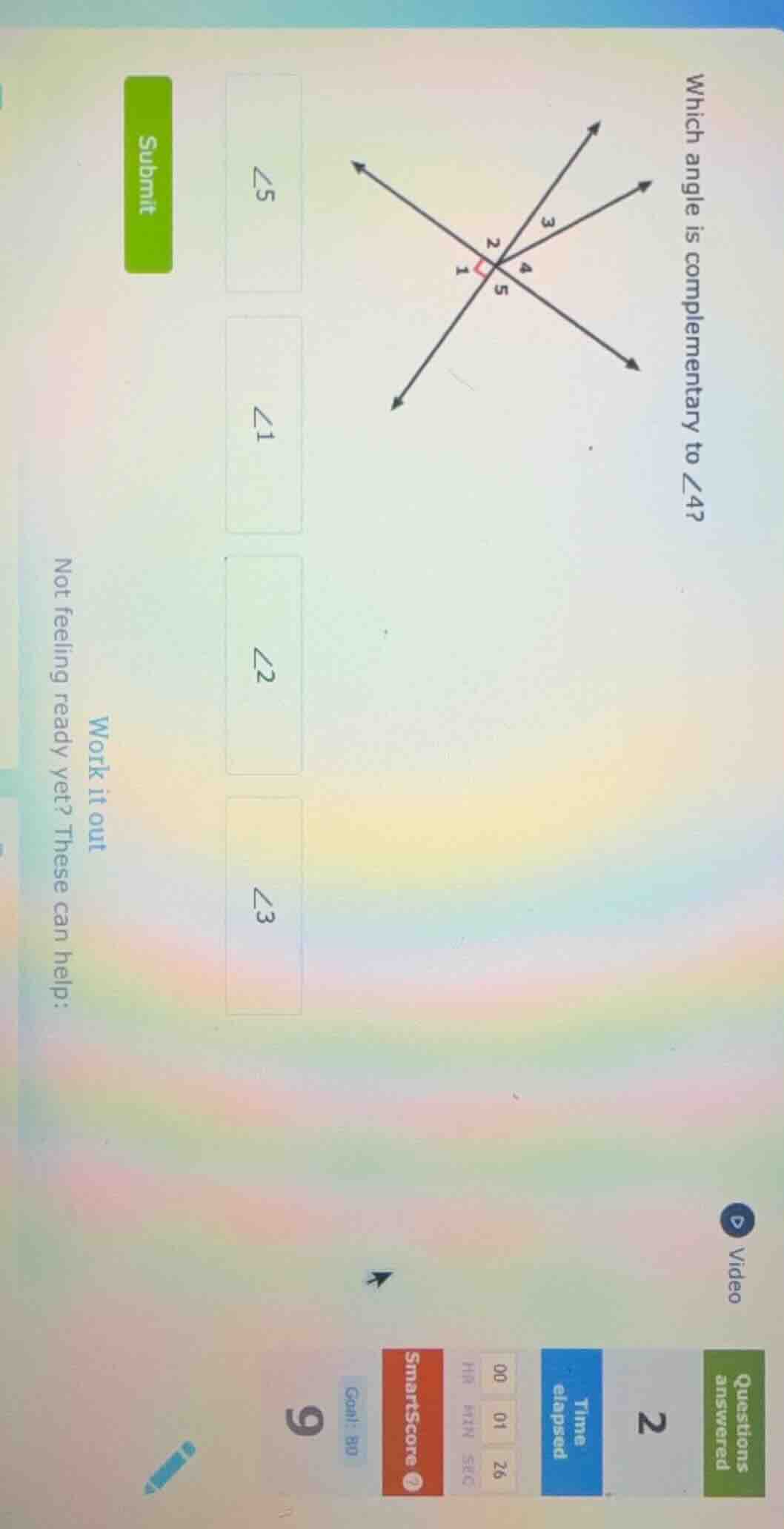 which angle is complementary to ∠4? ∠5 ∠1 ∠2 ∠3