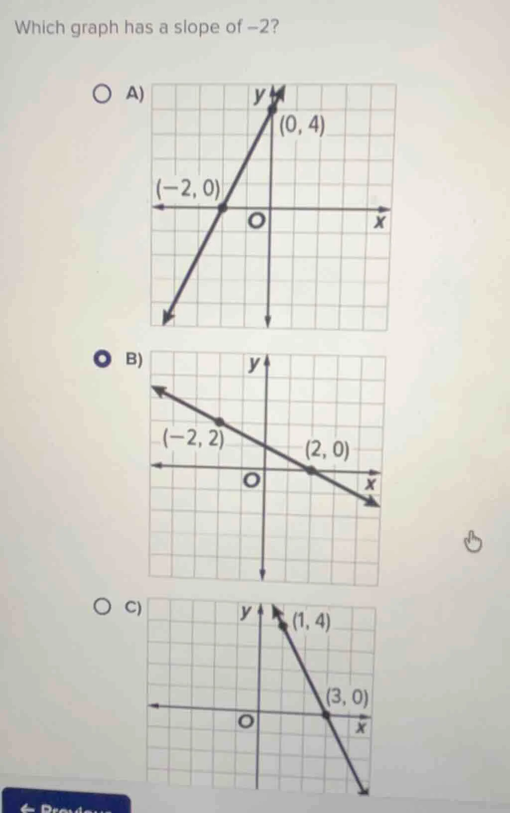 which graph has a slope of $-2$? \\bigcirc a)\\begin{tikzpicture}scale=…