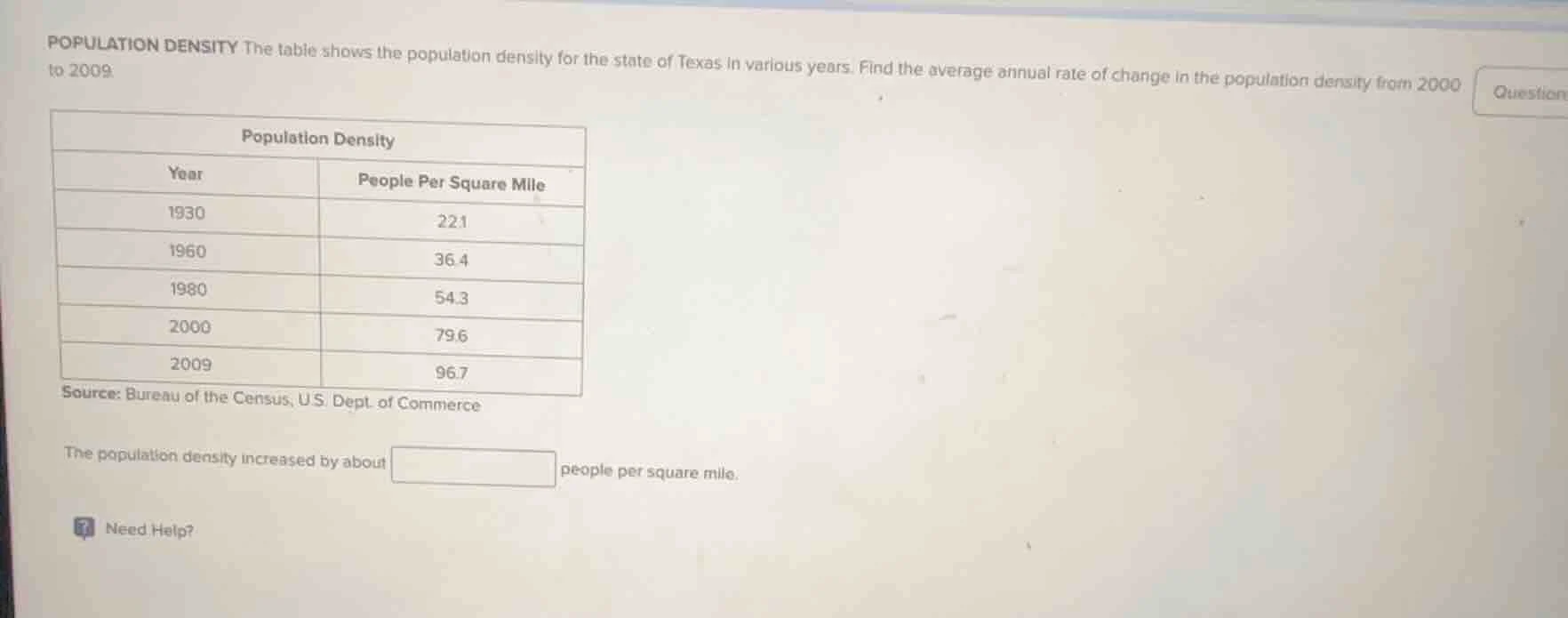population density the table shows the population density for the state…