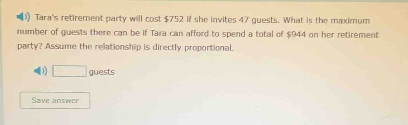 taras retirement party will cost $752 if she invites 47 guests. what is…