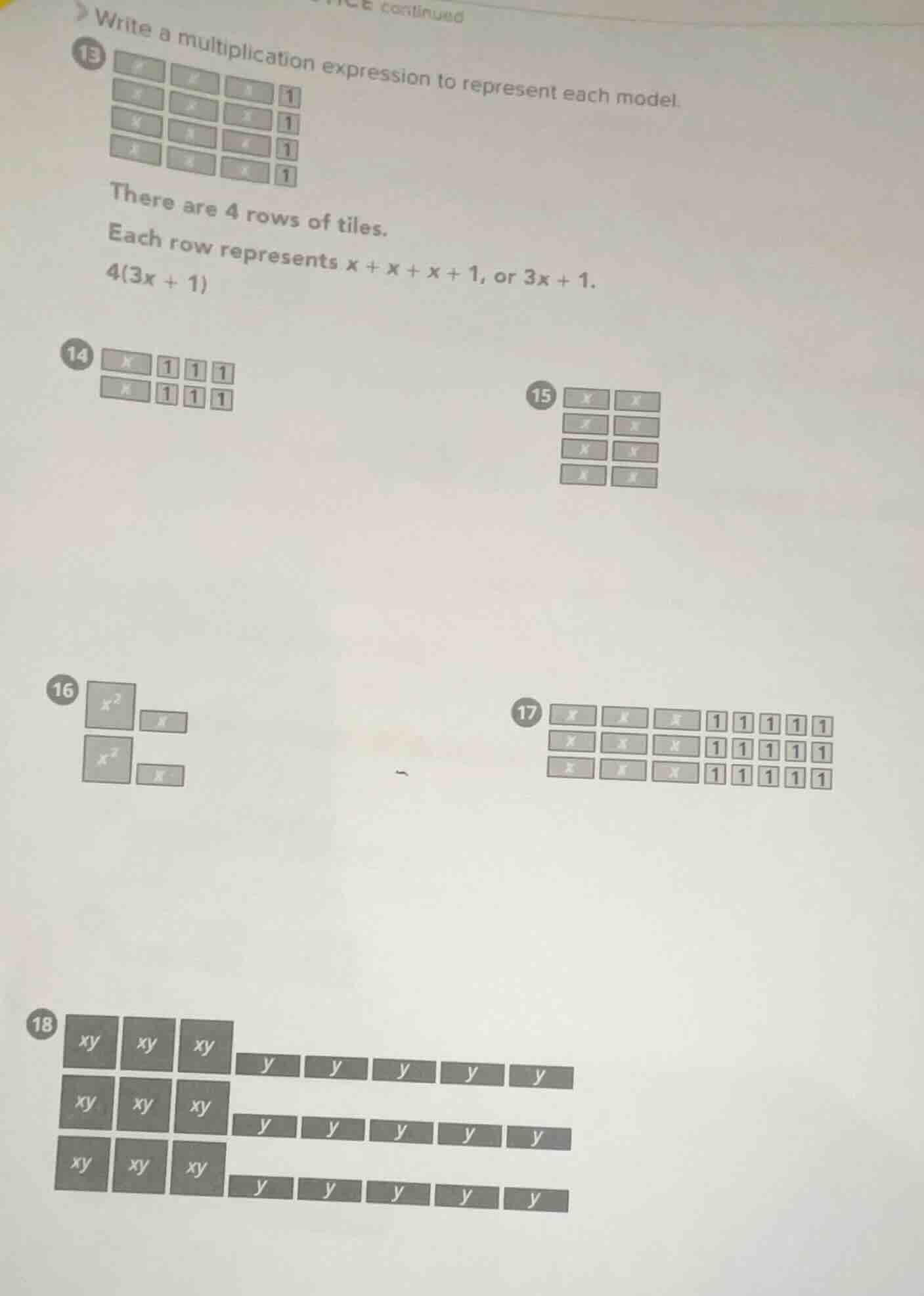 write a multiplication expression to represent each model. 13 there are…