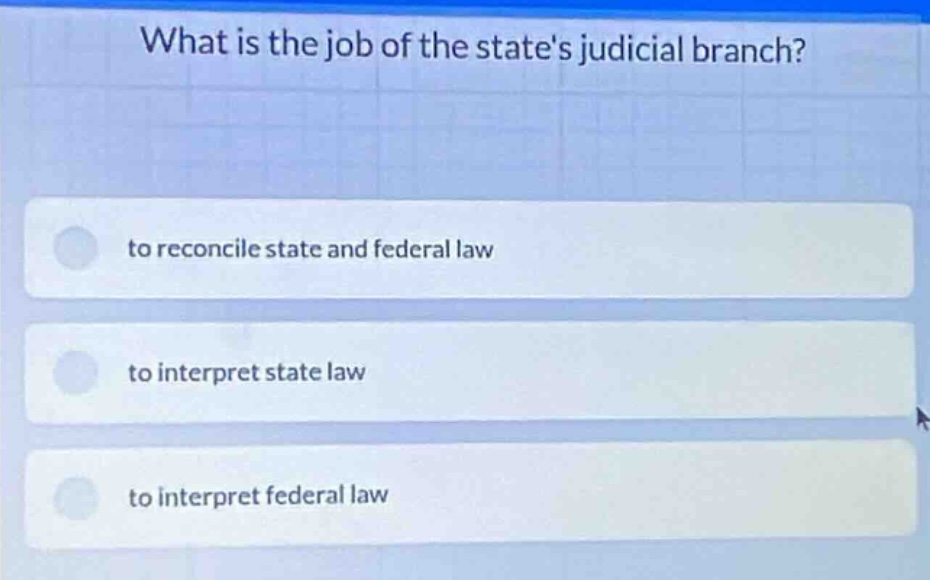 what is the job of the states judicial branch? to reconcile state and f…