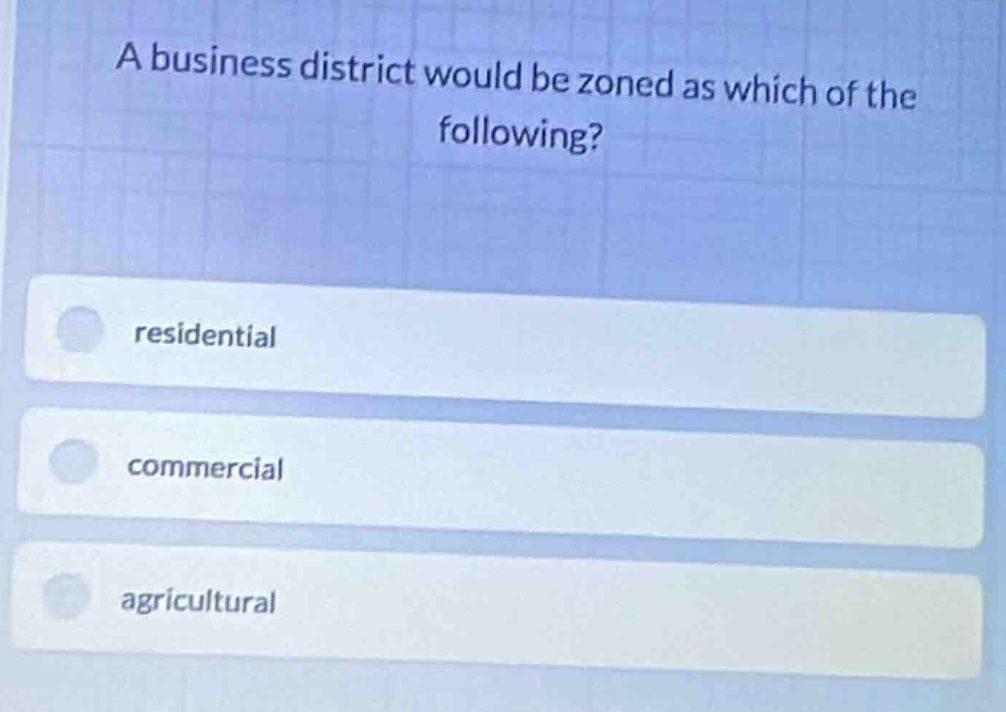 a business district would be zoned as which of the following? residenti…
