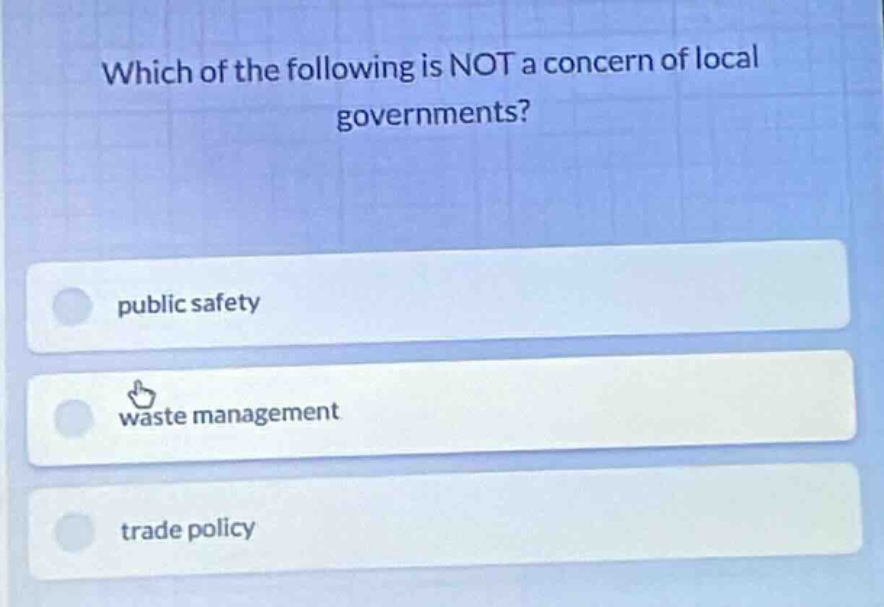 which of the following is not a concern of local governments? public sa…