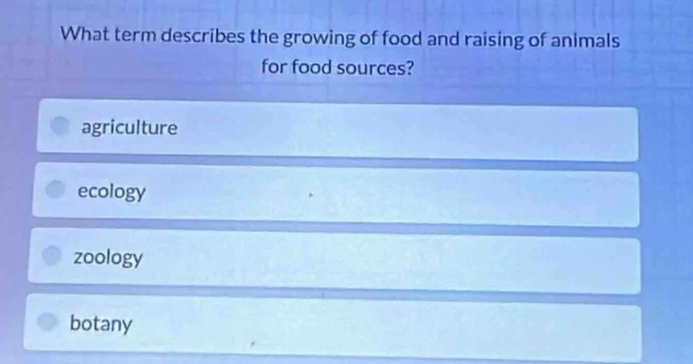 what term describes the growing of food and raising of animals for food…
