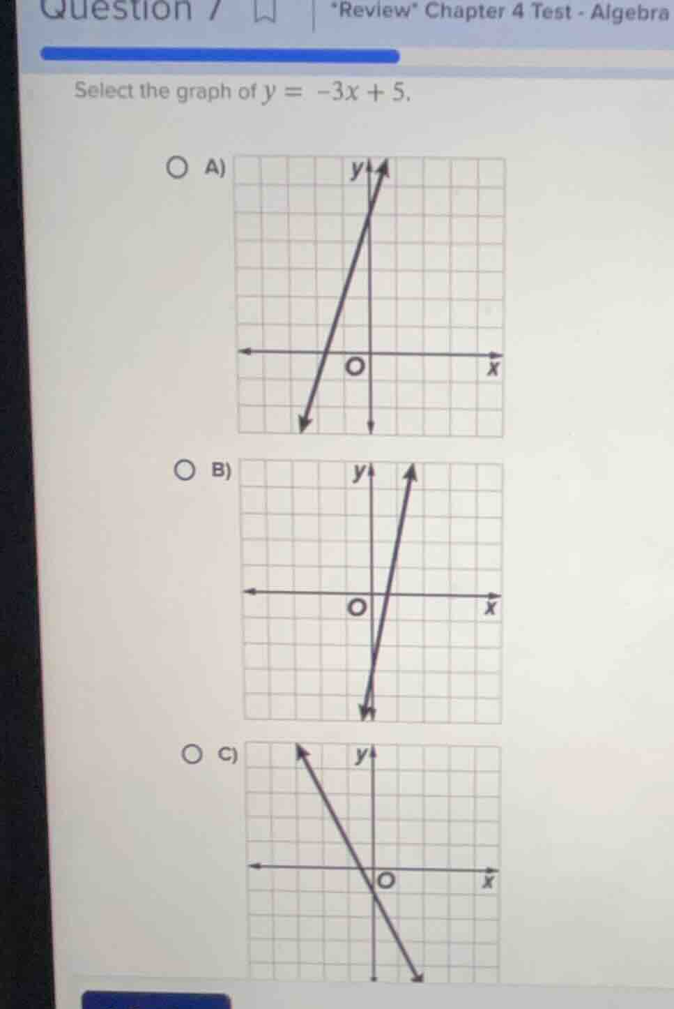 question 7 *review* chapter 4 test - algebra select the graph of $y = -…