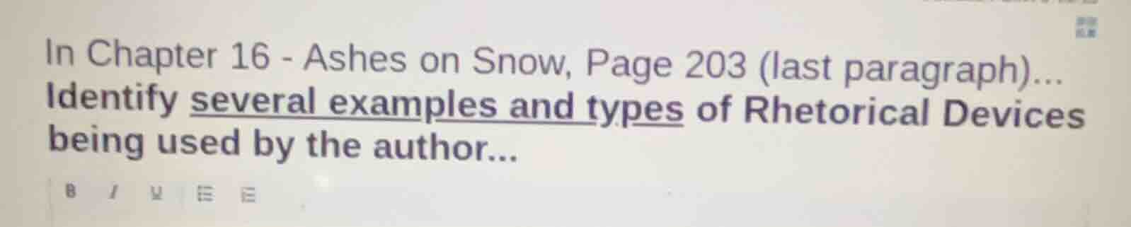 in chapter 16 - ashes on snow, page 203 (last paragraph)... identify se…