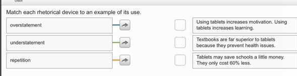 match each rhetorical device to an example of its use. overstatement un…