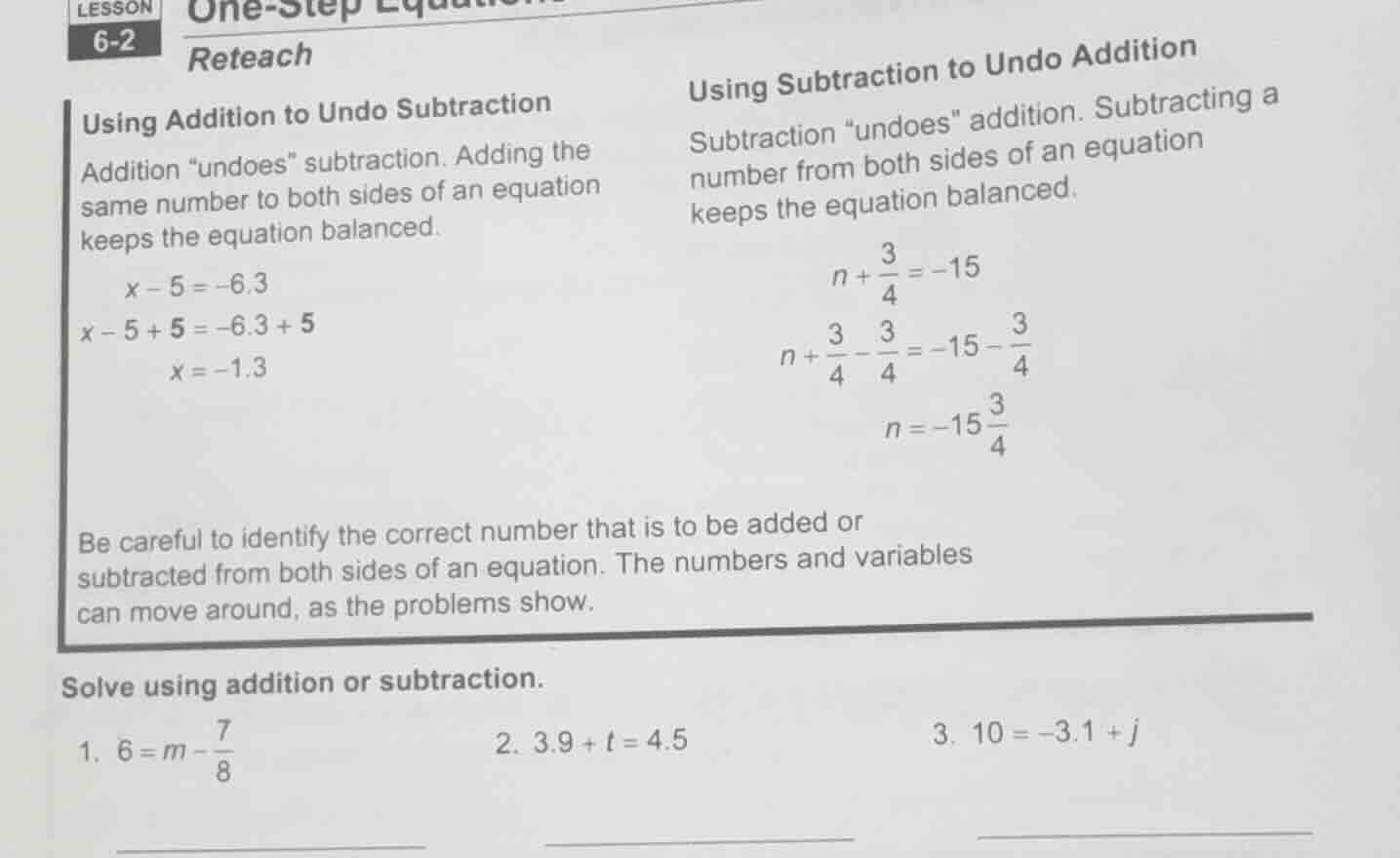 lesson 6-2 reteach using addition to undo subtraction addition \undoes\…