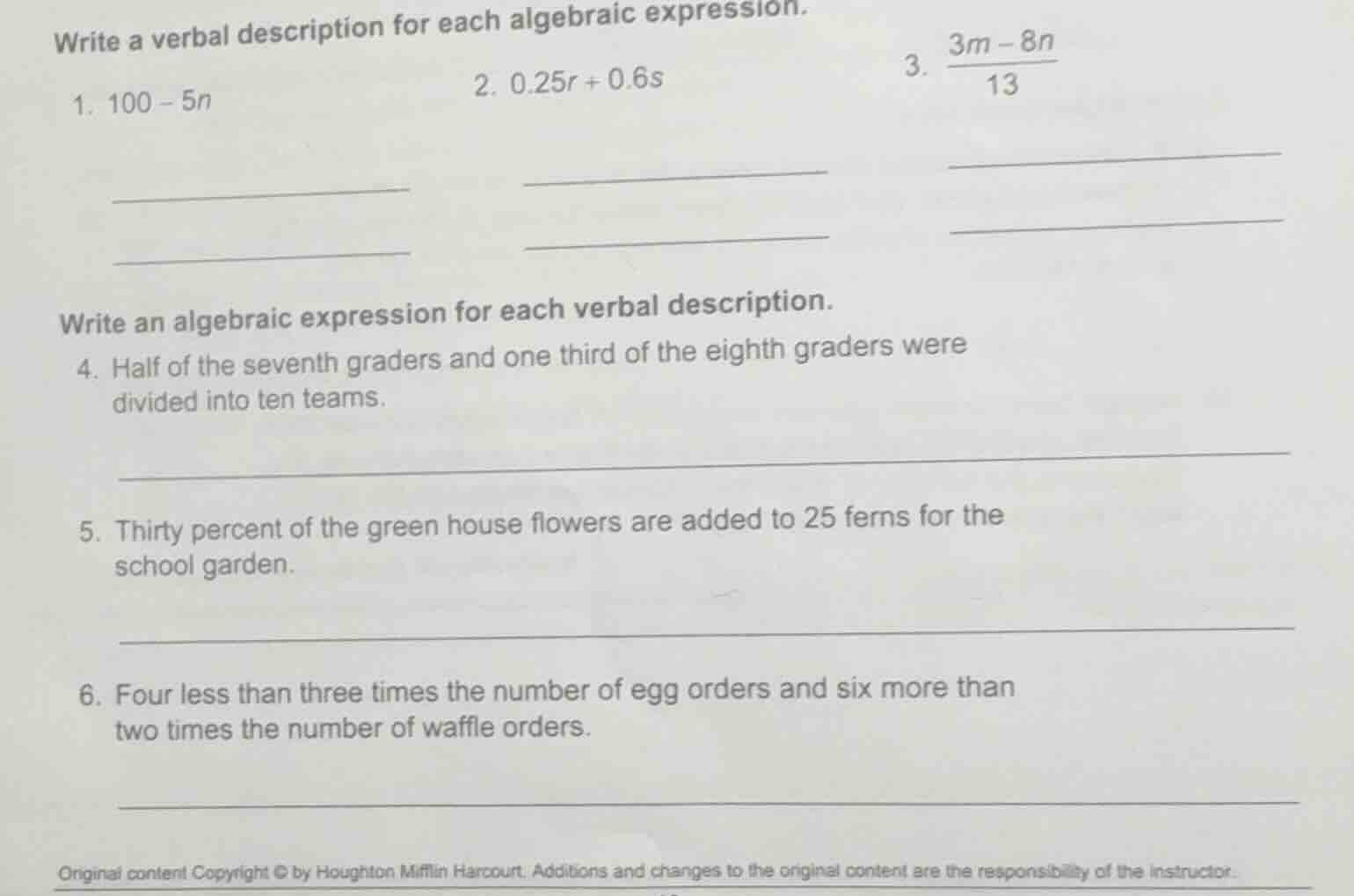 write a verbal description for each algebraic expression. 1. $100 - 5n$…