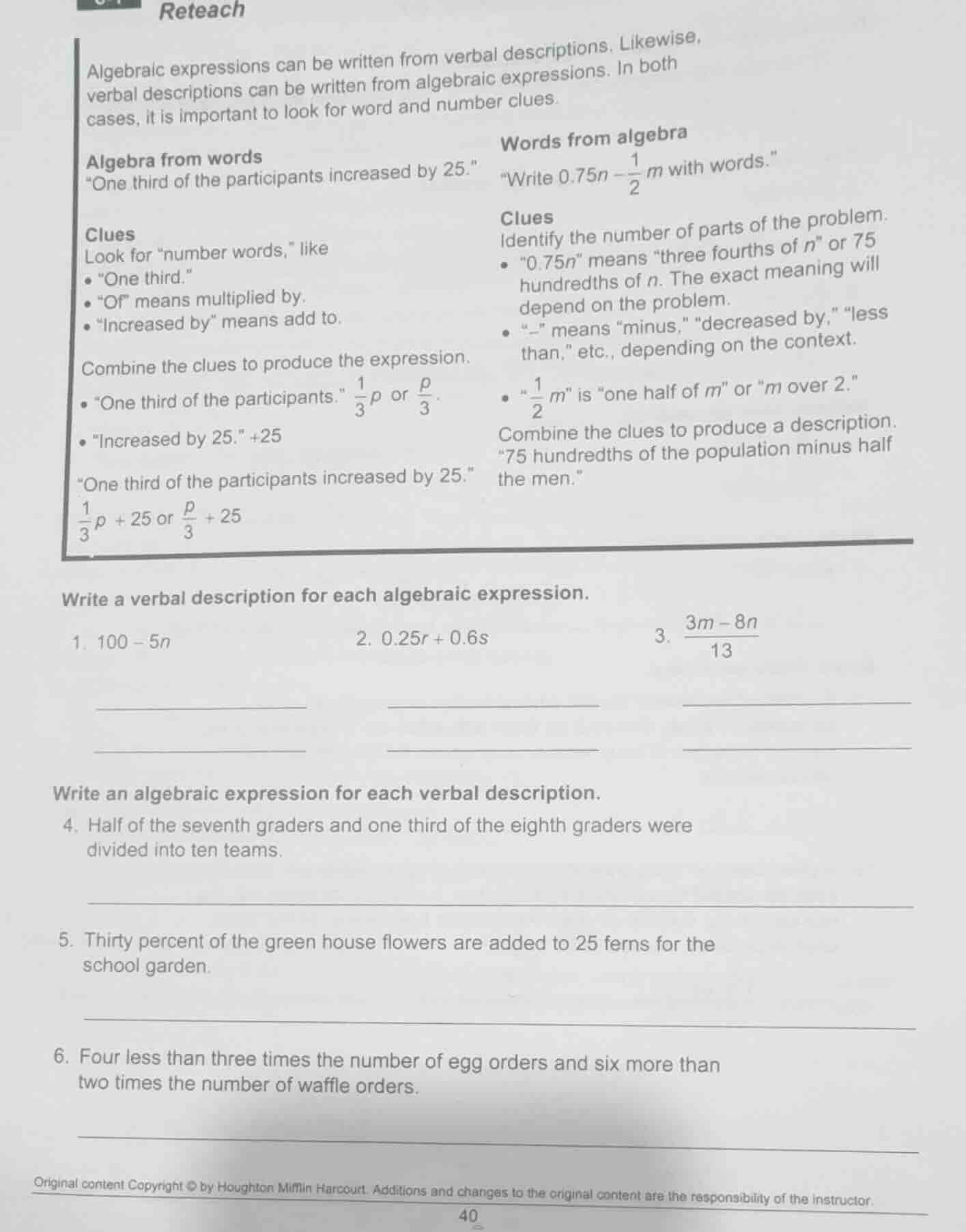 reteach algebraic expressions can be written from verbal descriptions. …