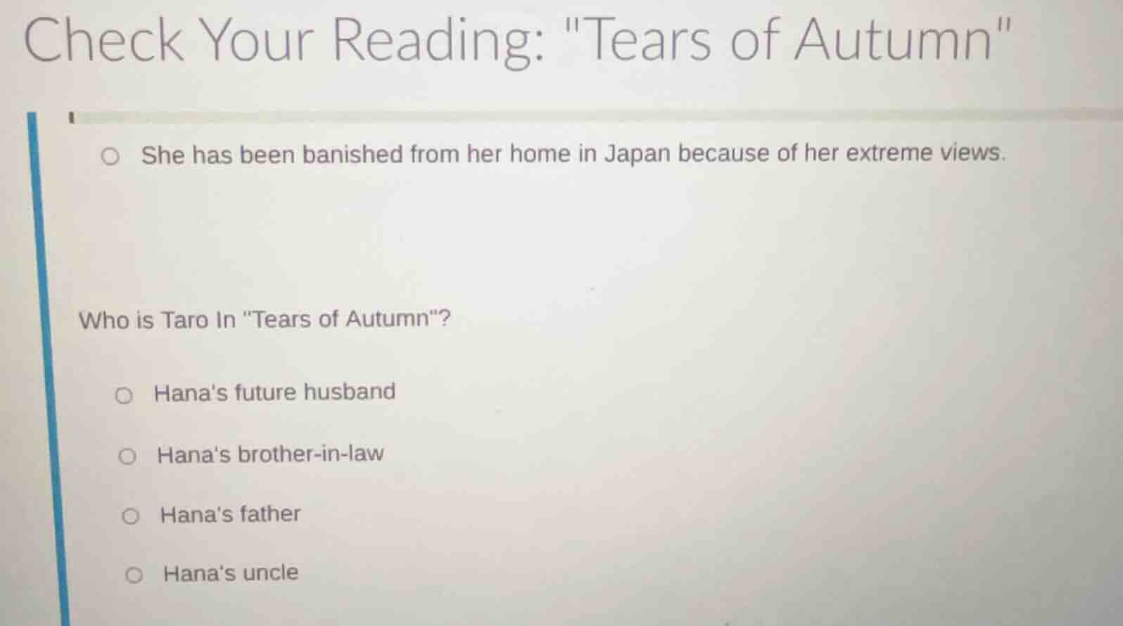 check your reading: \tears of autumn\ she has been banished from her ho…