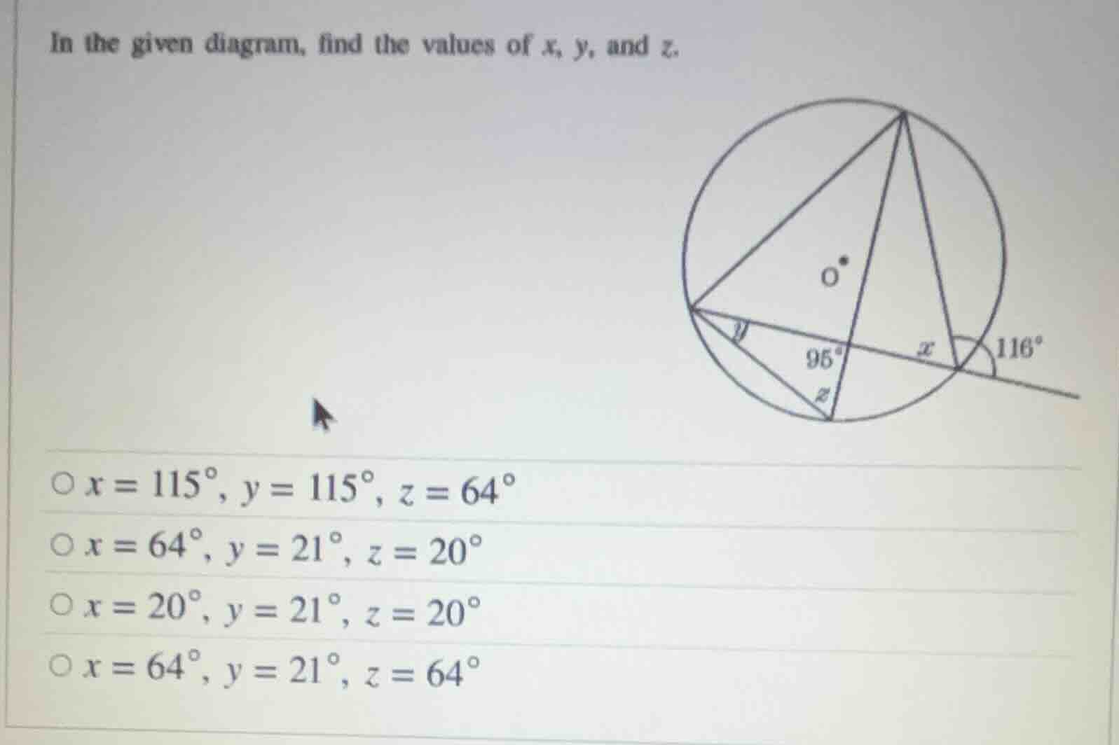 in the given diagram, find the values of x, y, and z. options: - ( x = …