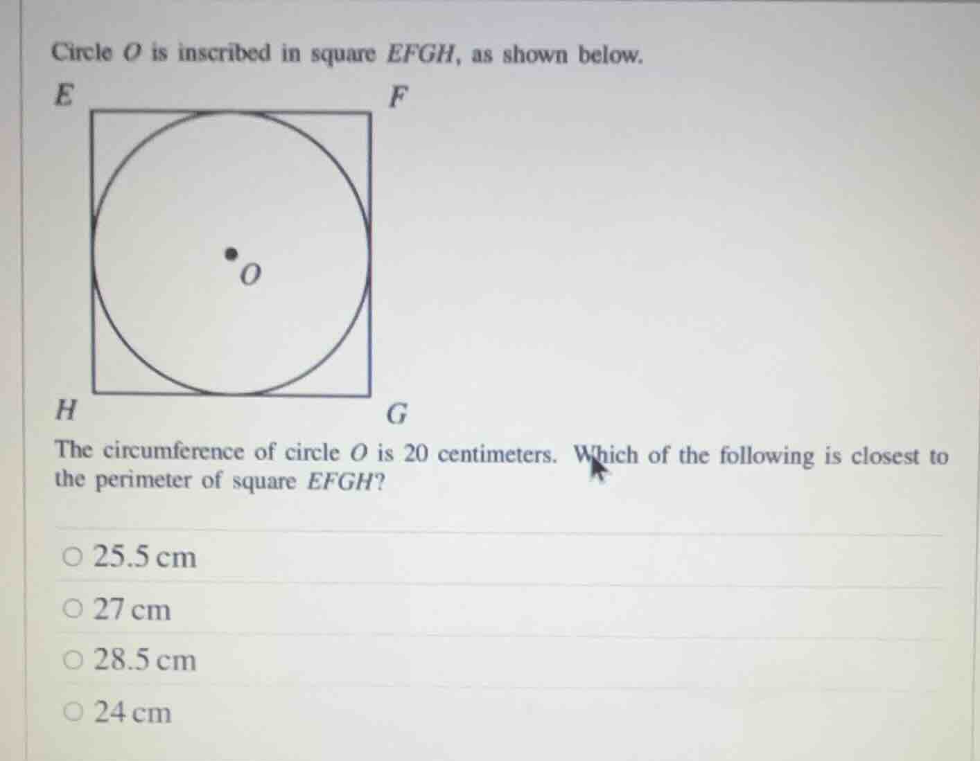 circle o is inscribed in square efgh, as shown below. e f h g the circu…