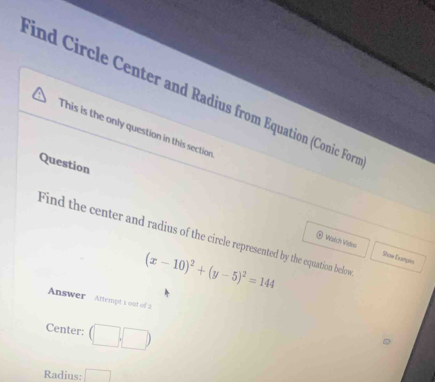 find circle center and radius from equation (conic form) this is the on…