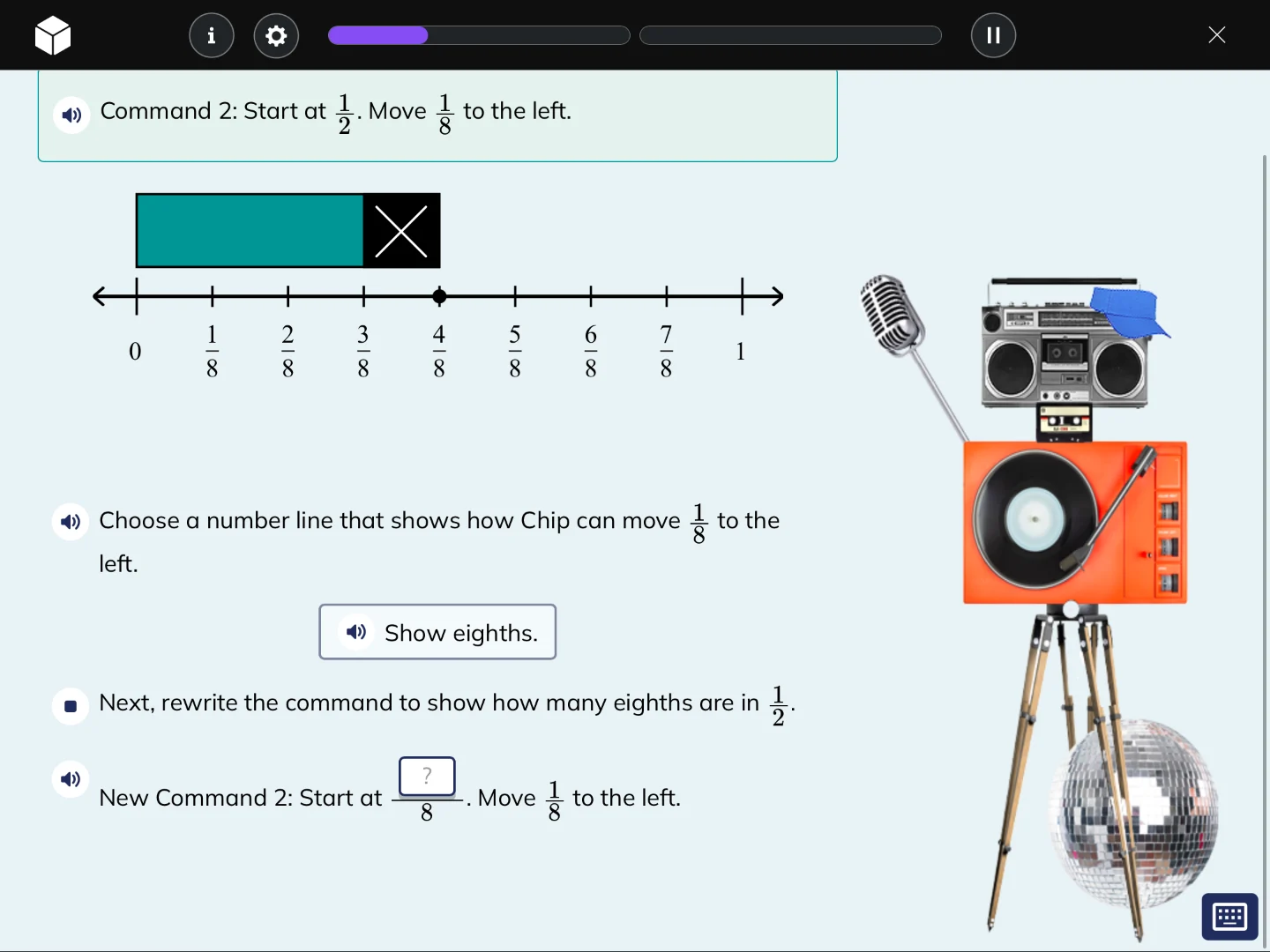 command 2: start at \\(\\frac{1}{2}\\). move \\(\\frac{1}{8}\\) to the …