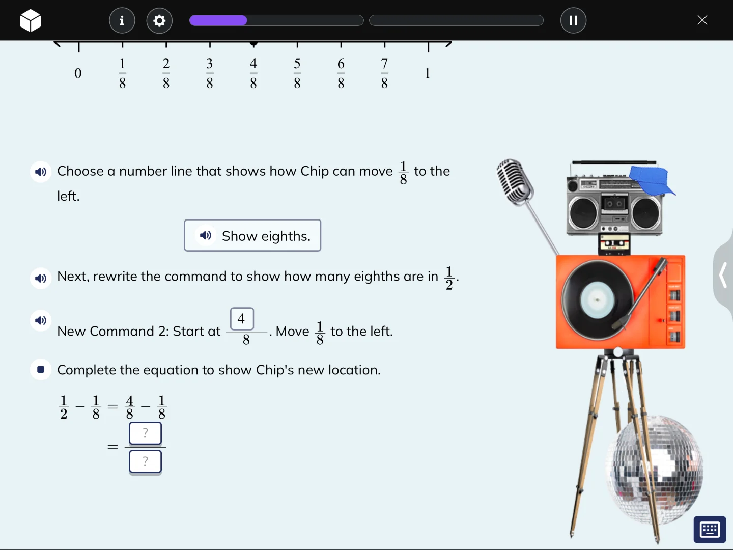 choose a number line that shows how chip can move \\(\\frac{1}{8}\\) to…