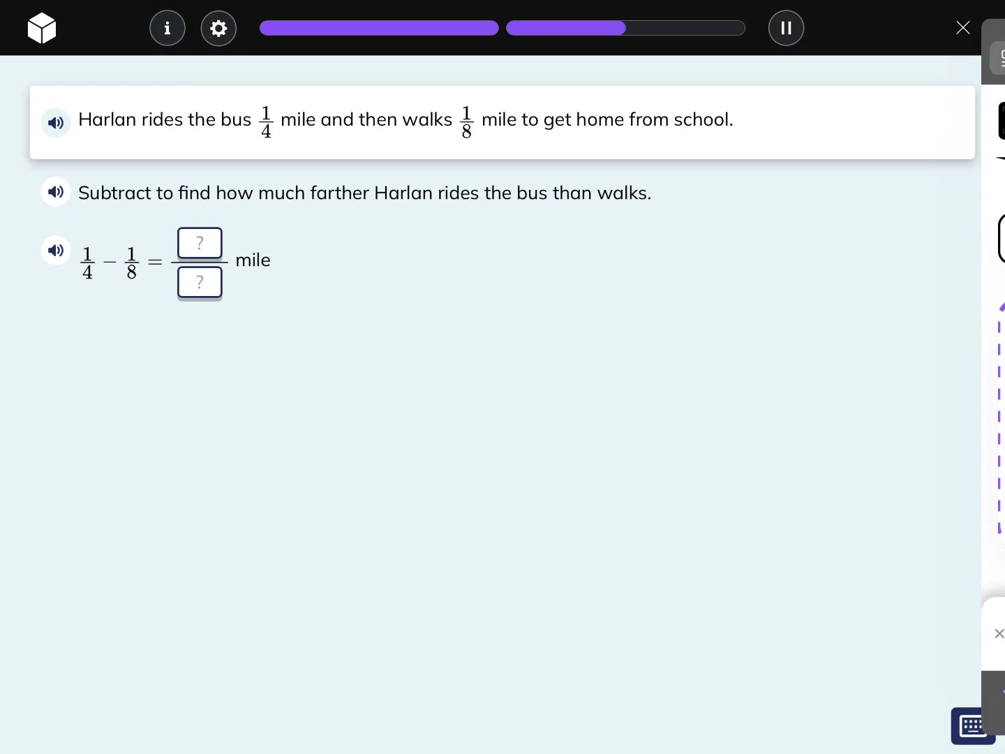 harlan rides the bus \\(\\frac{1}{4}\\) mile and then walks \\(\\frac{1…