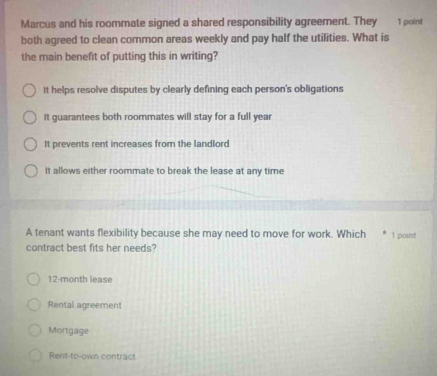 marcus and his roommate signed a shared responsibility agreement. they …