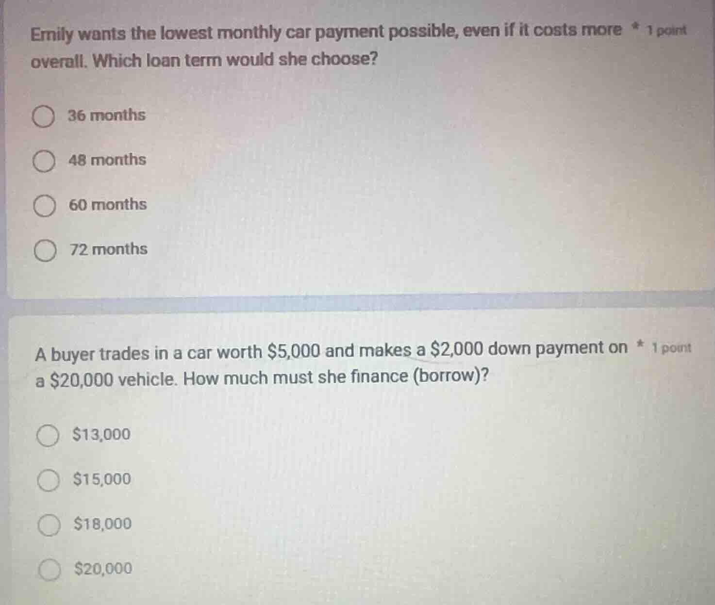 emily wants the lowest monthly car payment possible, even if it costs m…