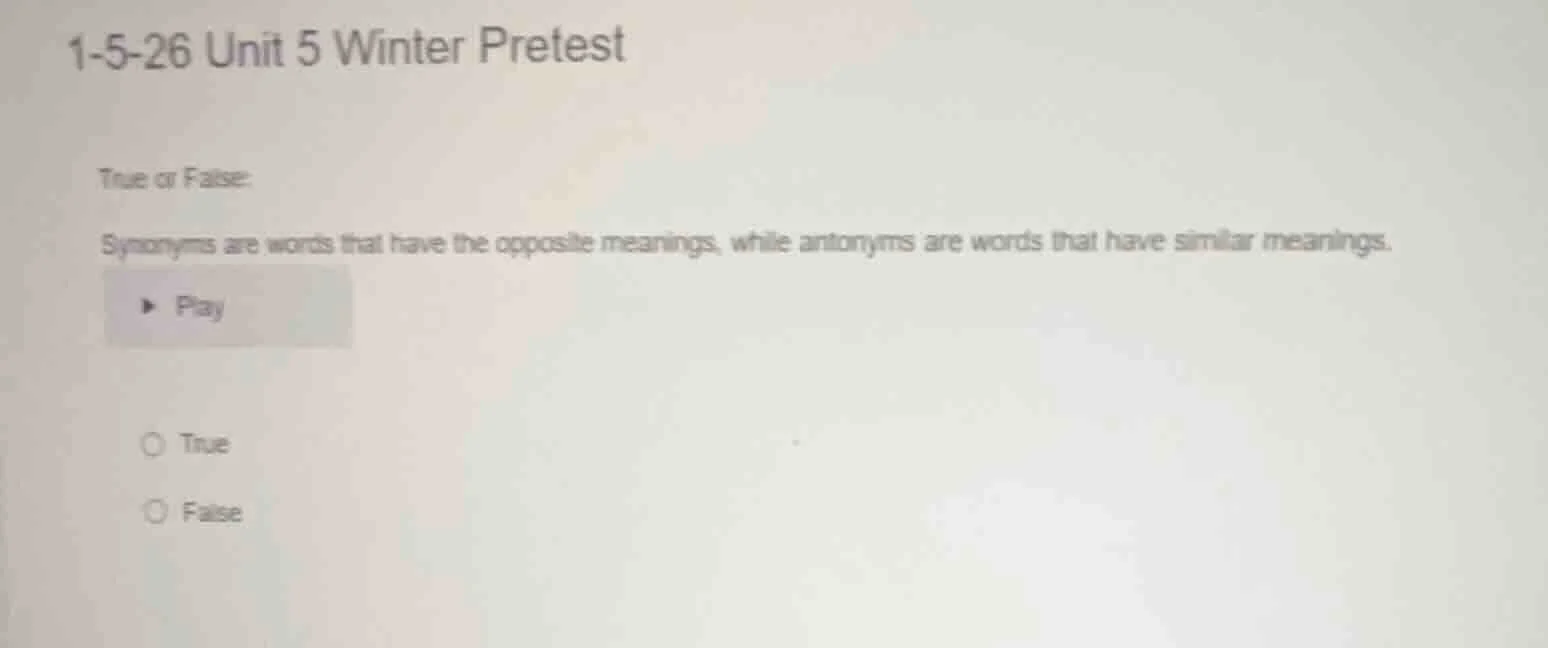 1-5-26 unit 5 winter pretest true or false: synonyms are words that hav…