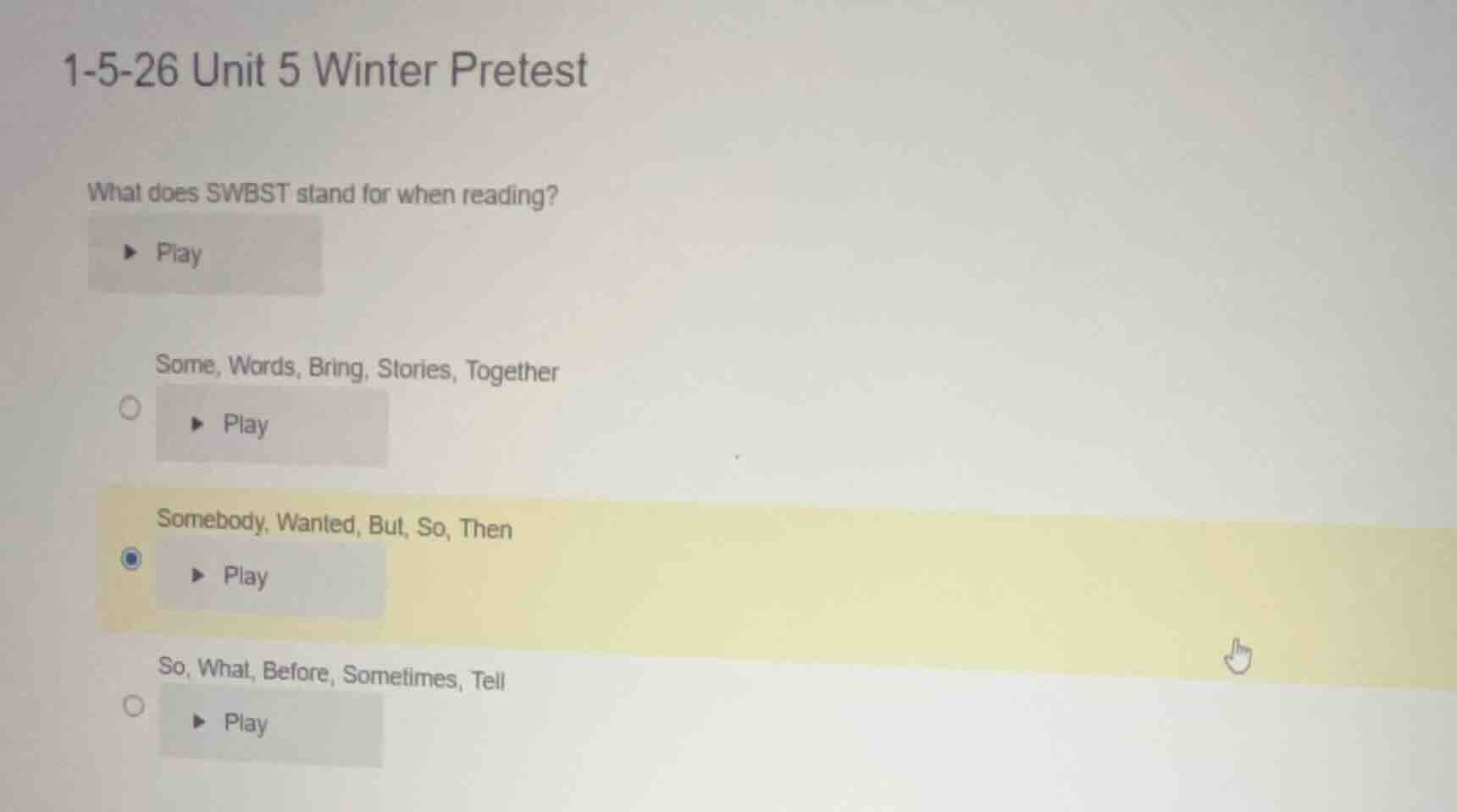1-5-26 unit 5 winter pretest what does swbst stand for when reading? pl…