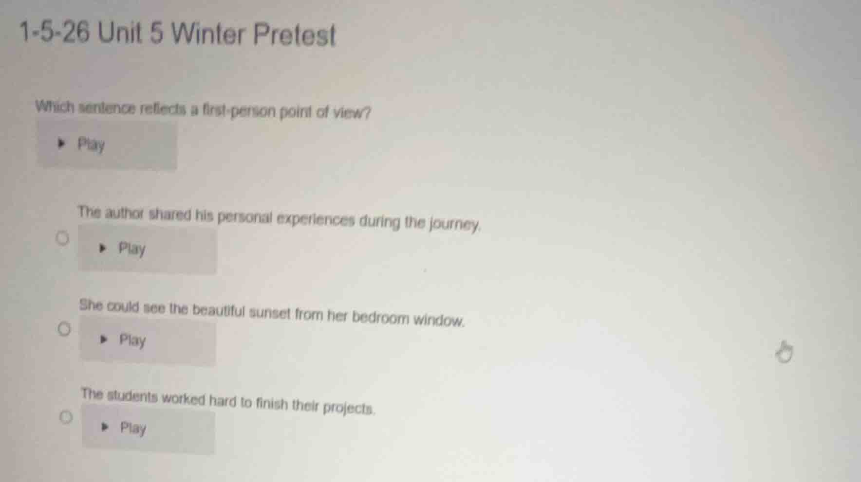 1-5-26 unit 5 winter pretest which sentence reflects a first - person p…