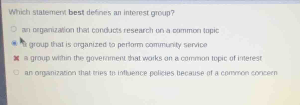 which statement best defines an interest group? ○ an organization that …