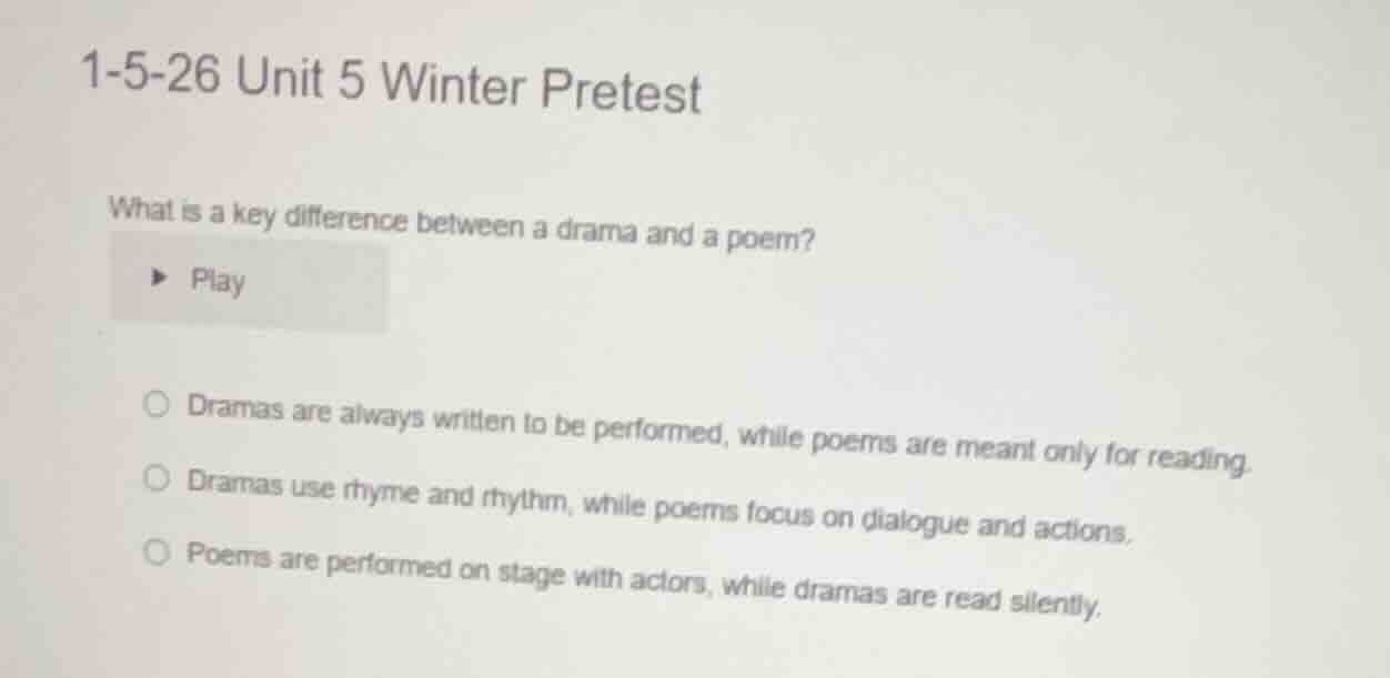 1-5-26 unit 5 winter pretest what is a key difference between a drama a…