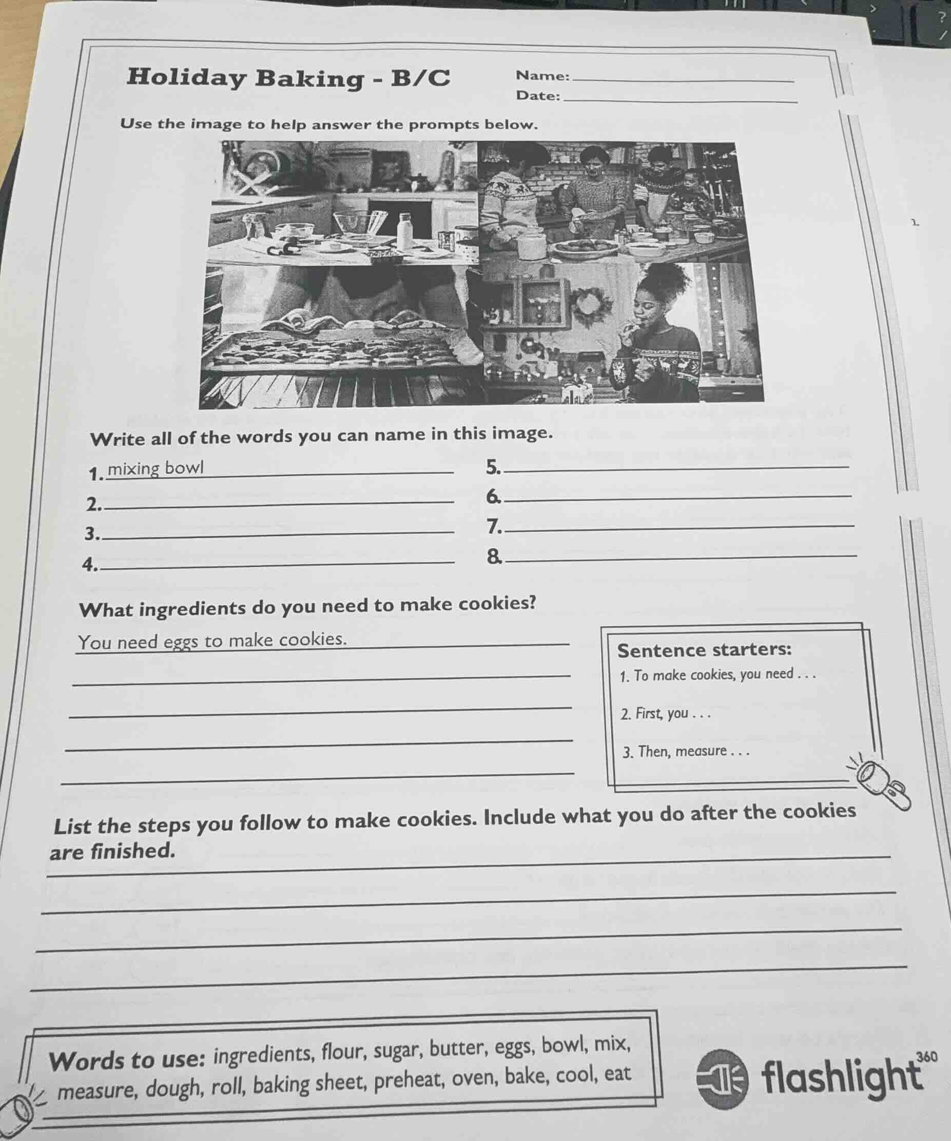 holiday baking - b/c name: date: use the image to help answer the promp…