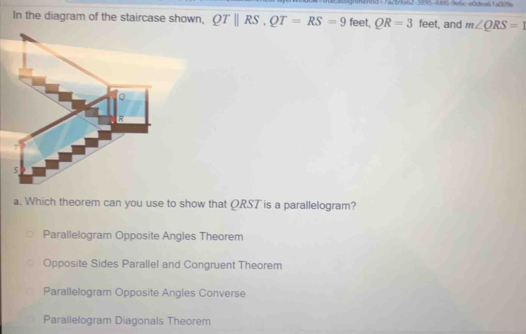in the diagram of the staircase shown, qt ∥ rs, qt = rs = 9 feet, qr = …