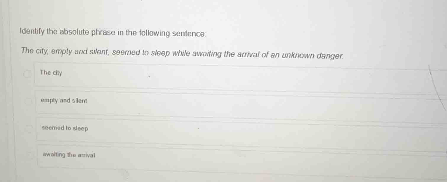 identify the absolute phrase in the following sentence: the city, empty…