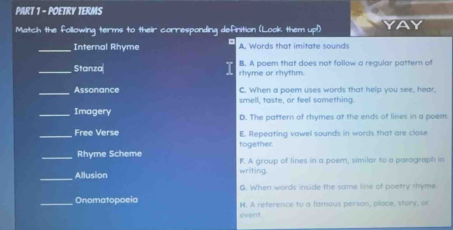 part 1 - poetry terms match the following terms to their corresponding …